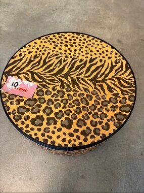 Animal Print Round Storage Box - Yellow and Brown. About 9”